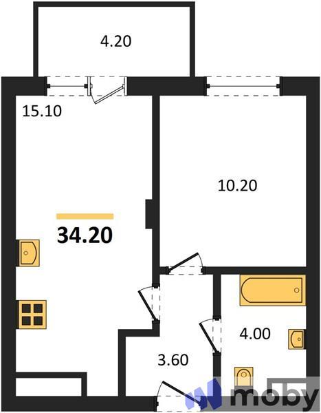 1-комнатная квартира, 34.2 м²