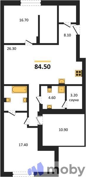 2-комнатная квартира, 84.5 м²