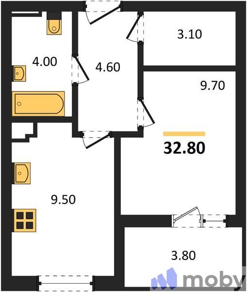 1-комнатная квартира, 32.8 м²