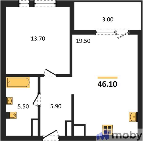 1-комнатная квартира, 46.1 м²