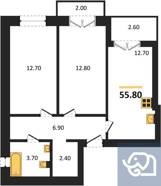 2-комнатная квартира, 55.8 м²