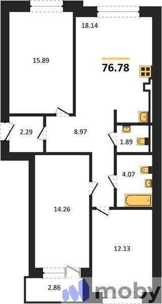 3-комнатная квартира, 76.8 м²