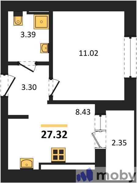 1-комнатная квартира, 28.4 м²