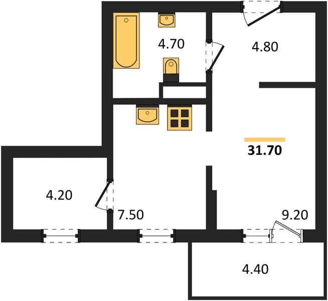 1-комнатная квартира, 31.7 м²