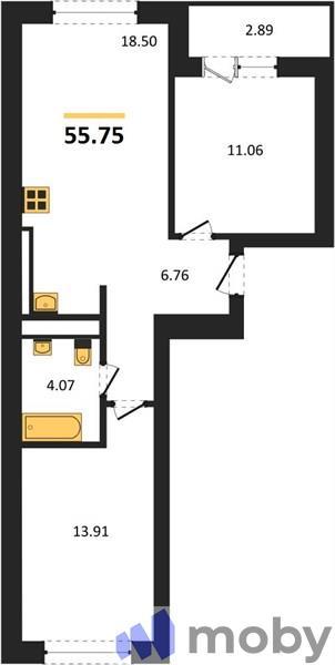 2-комнатная квартира, 55.8 м²