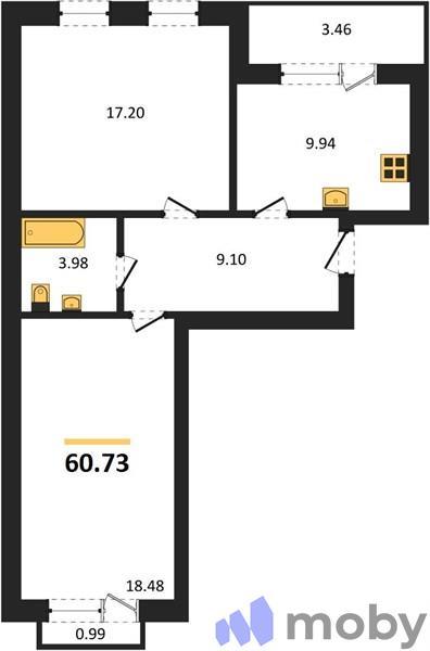 2-комнатная квартира, 60.7 м²