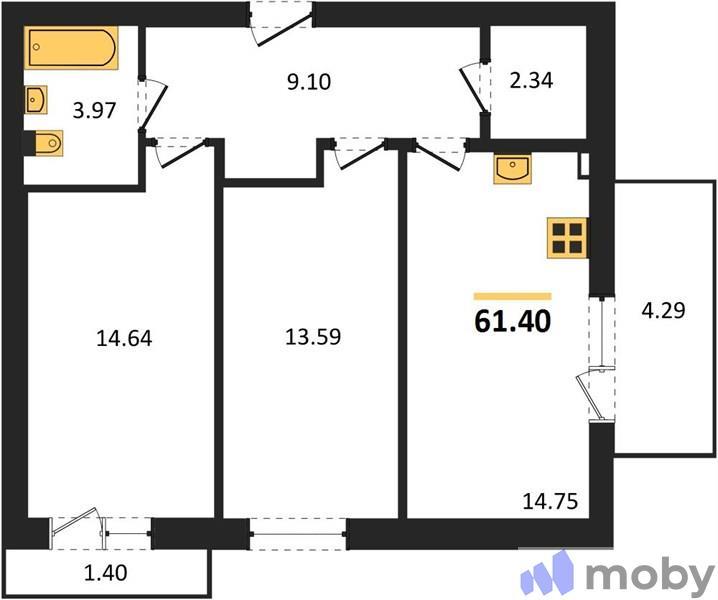 2-комнатная квартира, 61.4 м²
