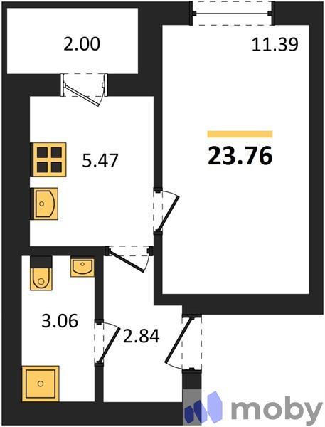 1-комнатная квартира, 23.8 м²