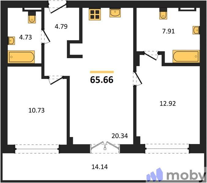 2-комнатная квартира, 65.6 м²