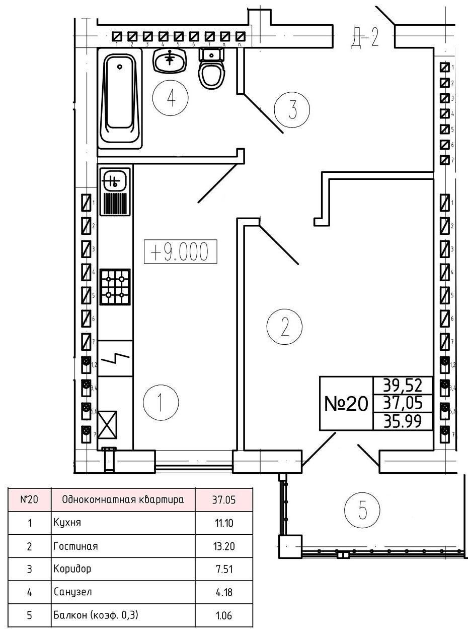 1-комнатная квартира, 37.1 м²
