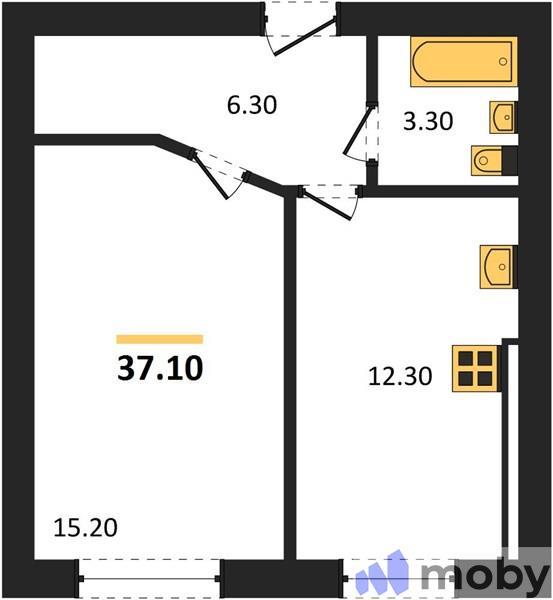 1-комнатная квартира, 37.1 м²