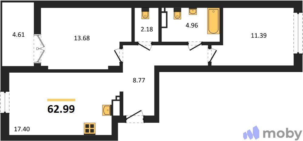 2-комнатная квартира, 63.0 м²