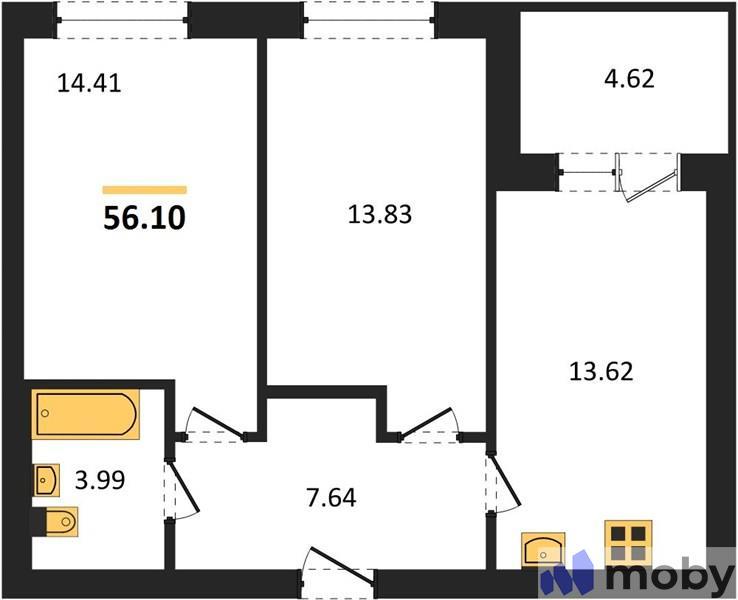 2-комнатная квартира, 56.1 м²