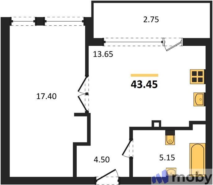 1-комнатная квартира, 43.5 м²