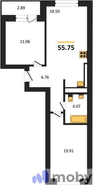 2-комнатная квартира, 57.2 м²