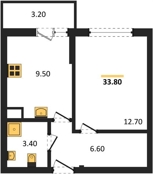 1-комнатная квартира, 33.8 м²