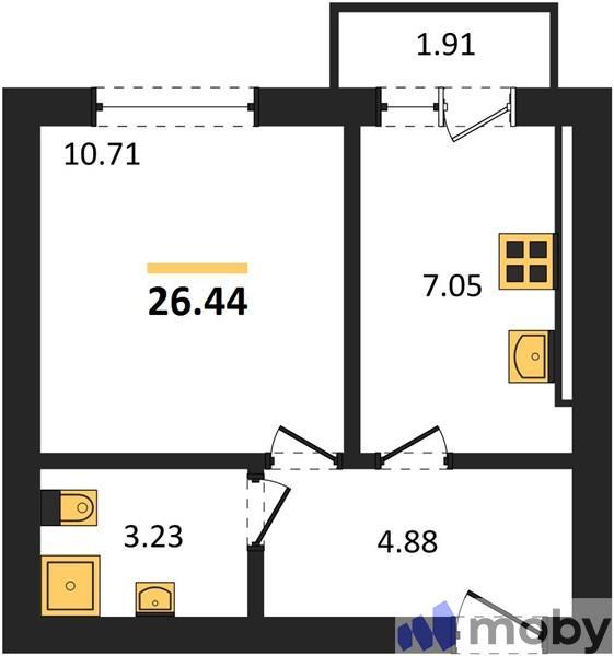 1-комнатная квартира, 26.4 м²