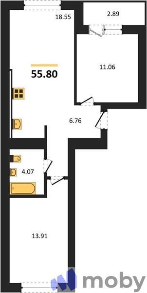 2-комнатная квартира, 55.8 м²