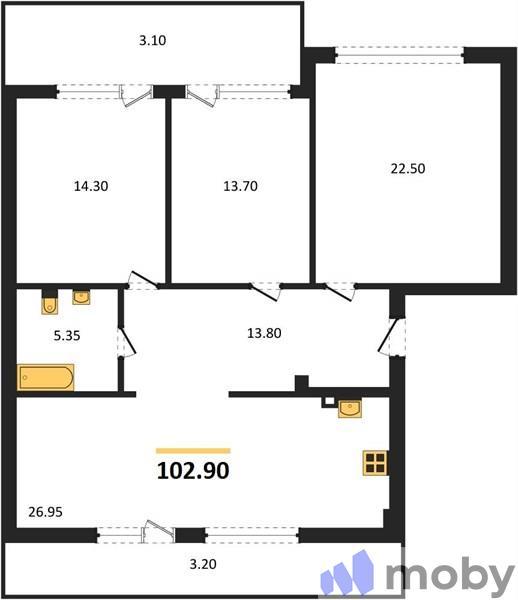 3-комнатная квартира, 102.9 м²