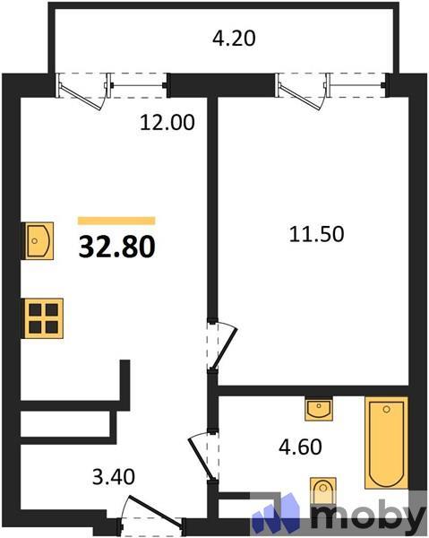 1-комнатная квартира, 32.8 м²
