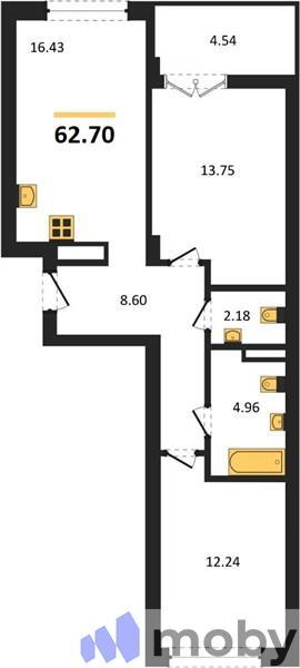 2-комнатная квартира, 60.6 м²