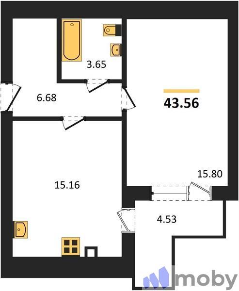 1-комнатная квартира, 43.6 м²