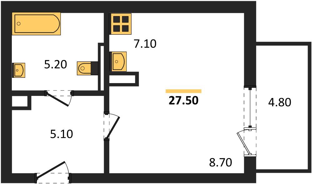 Студия, 27.5 м²