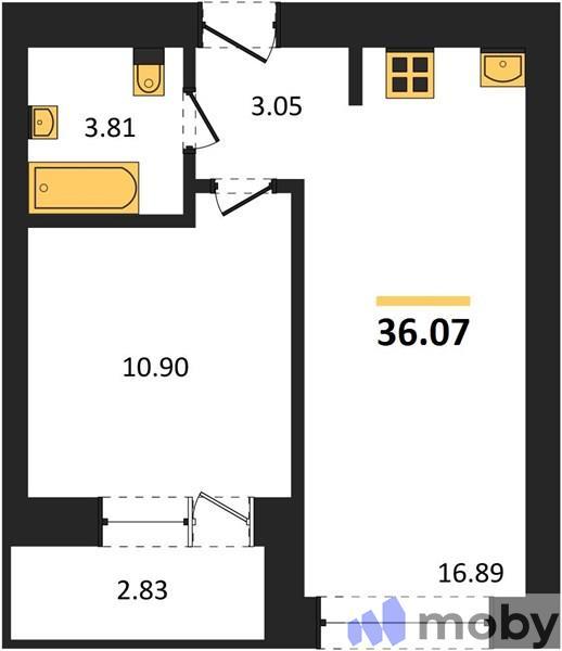 1-комнатная квартира, 36.1 м²