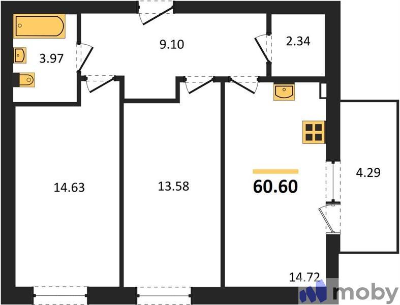 2-комнатная квартира, 60.6 м²