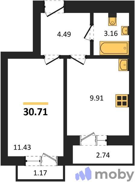 1-комнатная квартира, 30.7 м²