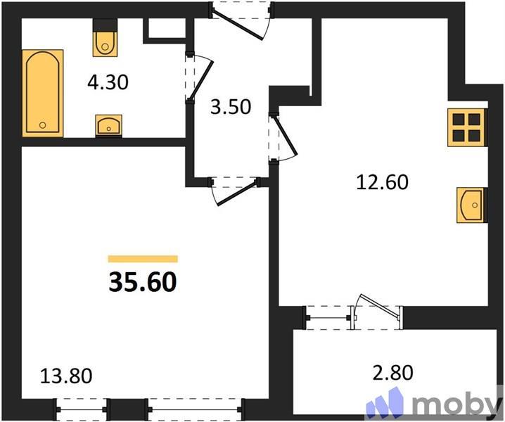 1-комнатная квартира, 35.6 м²
