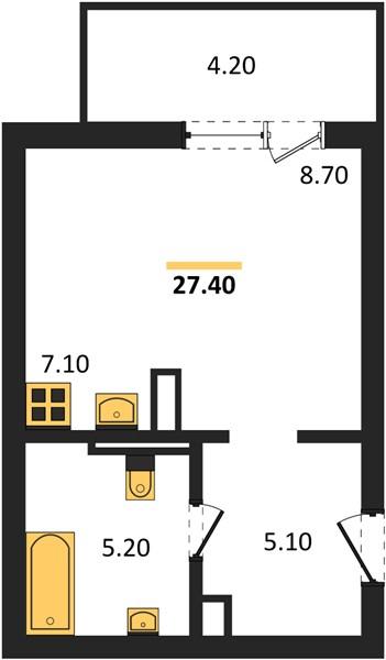 Студия, 27.4 м²