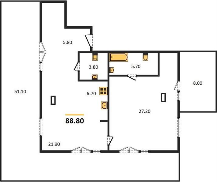 1-комнатная квартира, 88.8 м²