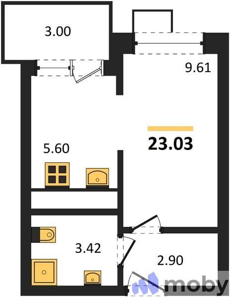 1-комнатная квартира, 23.0 м²