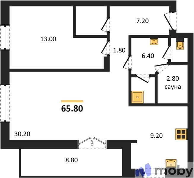 1-комнатная квартира, 65.8 м²