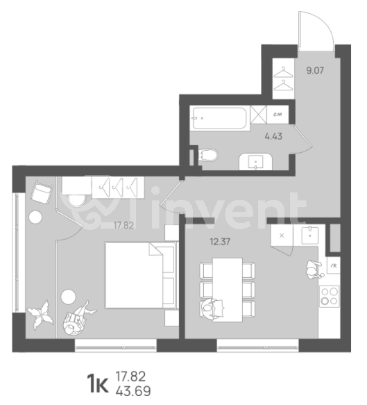 1-комнатная квартира, 43.7 м²