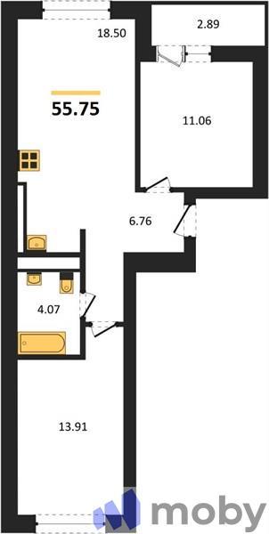 2-комнатная квартира, 57.2 м²