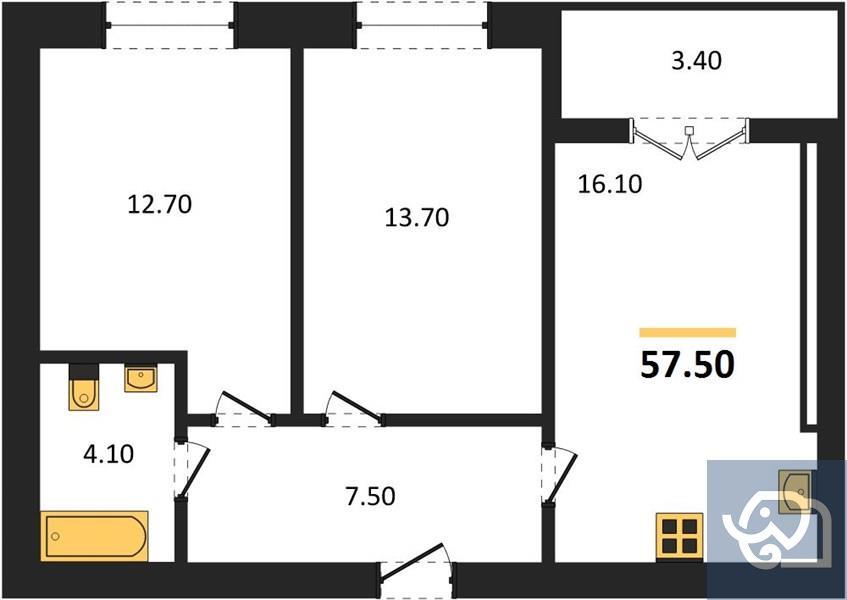 2-комнатная квартира, 57.5 м²