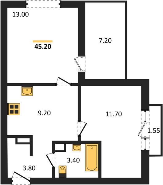2-комнатная квартира, 45.2 м²