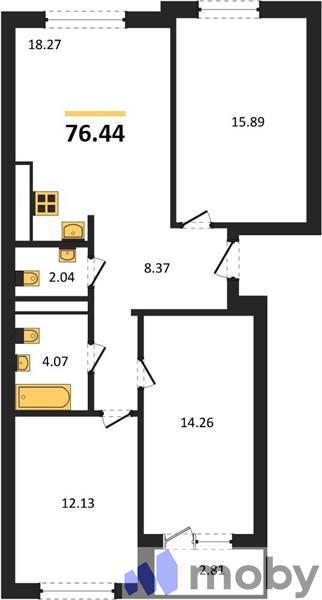 3-комнатная квартира, 76.4 м²