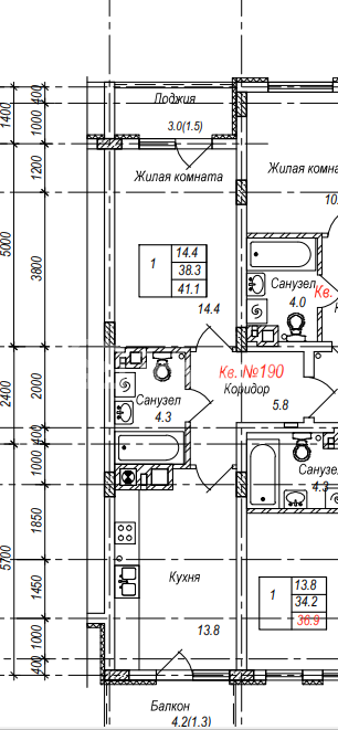 1-комнатная квартира, 41.1 м²