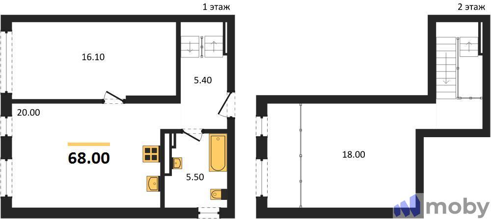 1-комнатная квартира, 68.0 м²