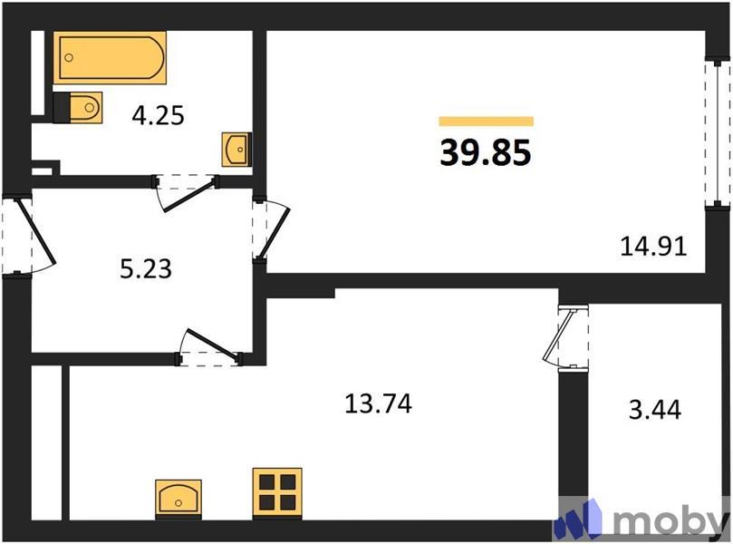 1-комнатная квартира, 39.9 м²
