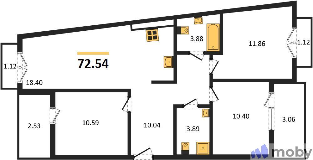 3-комнатная квартира, 72.5 м²
