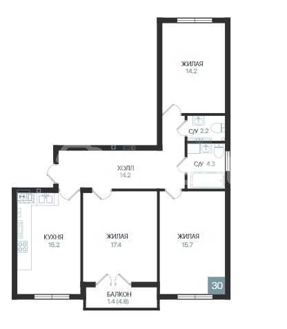 3-комнатная квартира, 84.6 м²