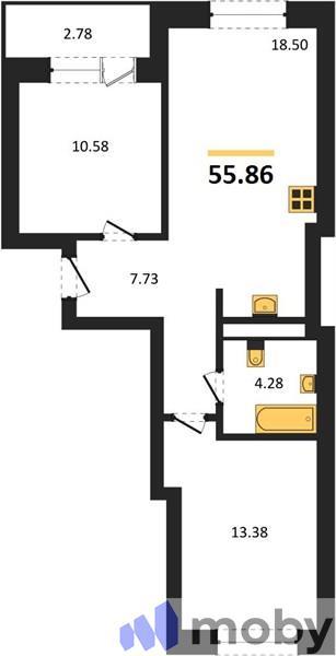 2-комнатная квартира, 57.3 м²