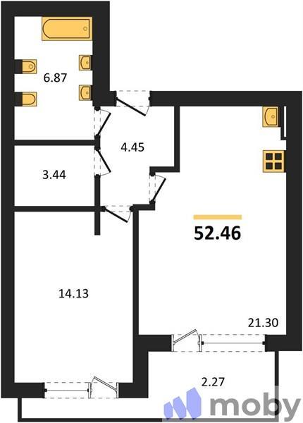 1-комнатная квартира, 57.7 м²