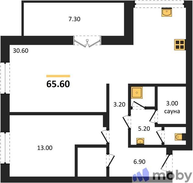 1-комнатная квартира, 65.6 м²