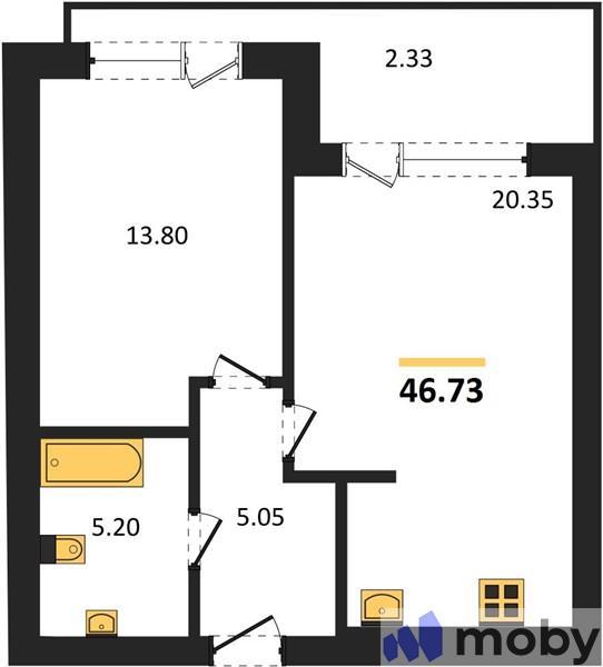 1-комнатная квартира, 46.7 м²