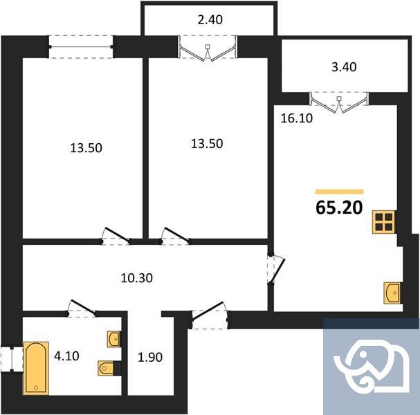 2-комнатная квартира, 65.2 м²